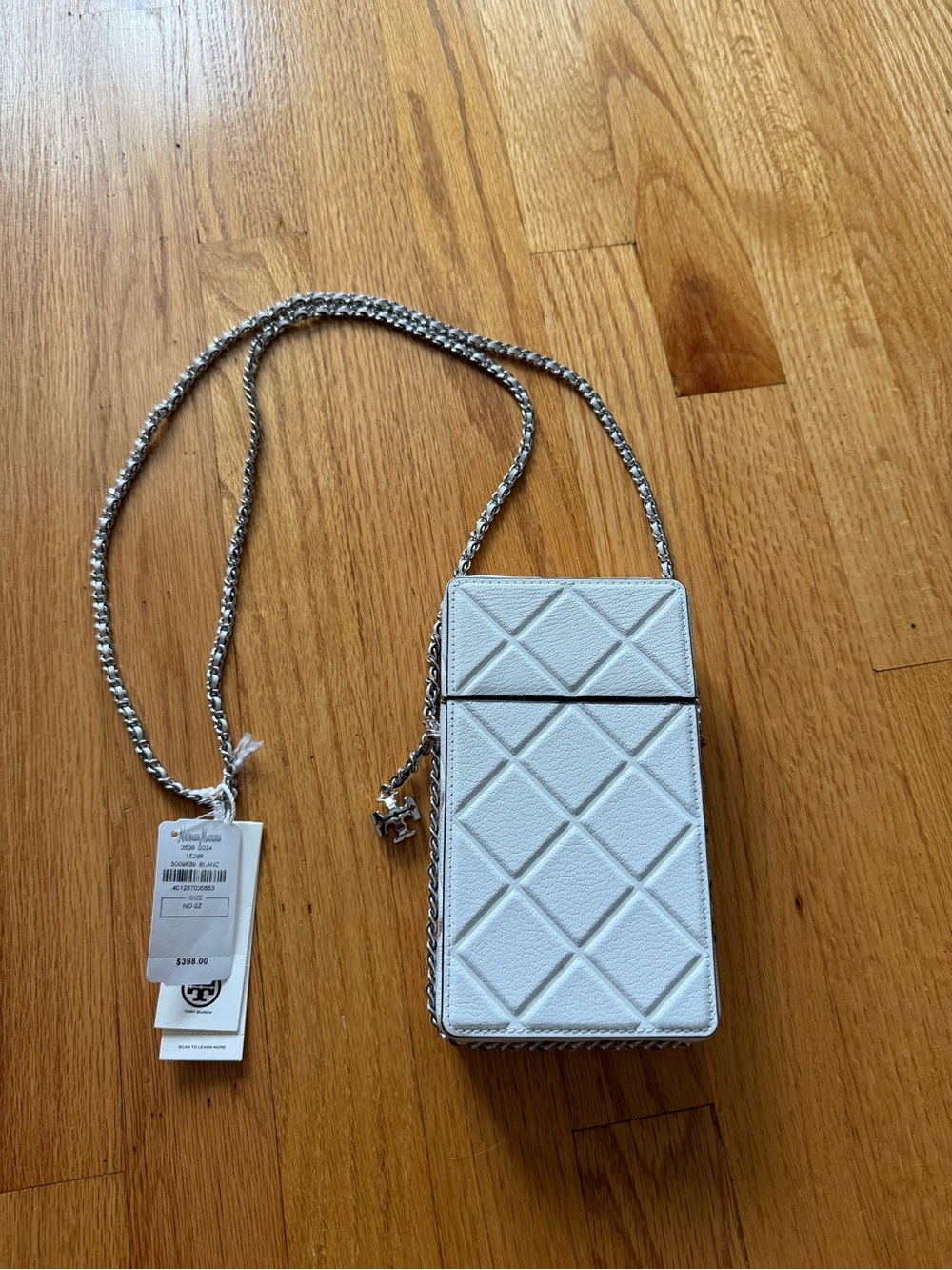 Tory Burch White Quilted Phone Crossbody with Silver Chain